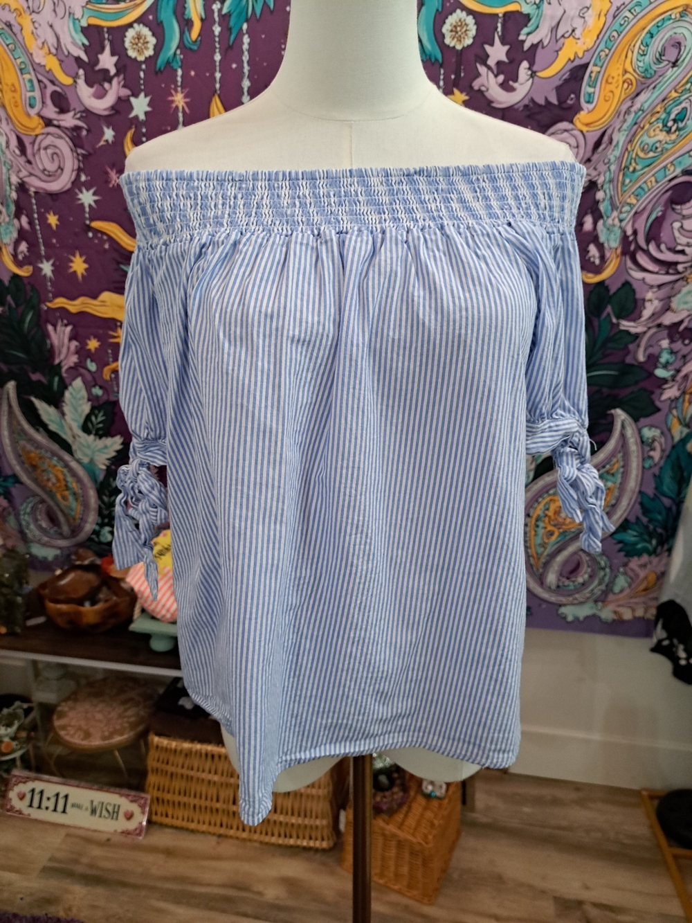 Blue Skies Striped Off Shoulder Blouse | Blue Stripe Off-Shoulder Tie-Sleeve Top
